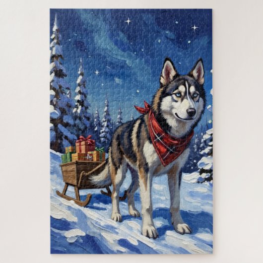 Majestic Siberian Husky Pulling Christmas Sled Puzzle (Vertikal)