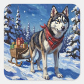 Majestic Siberian Husky Pulling Christmas Sled Quadratischer Aufkleber (Vorderseite)