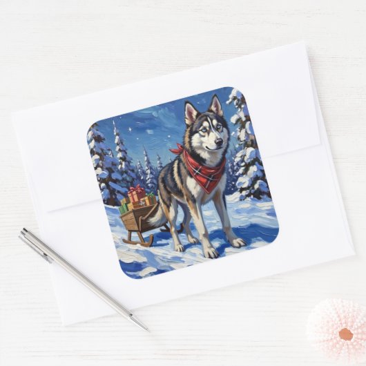 Majestic Siberian Husky Pulling Christmas Sled Quadratischer Aufkleber (Umschlag)