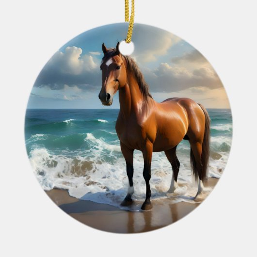 **"Majestic Stride: Proud Brown Horse on Beach Keramik Ornament (Vorne)