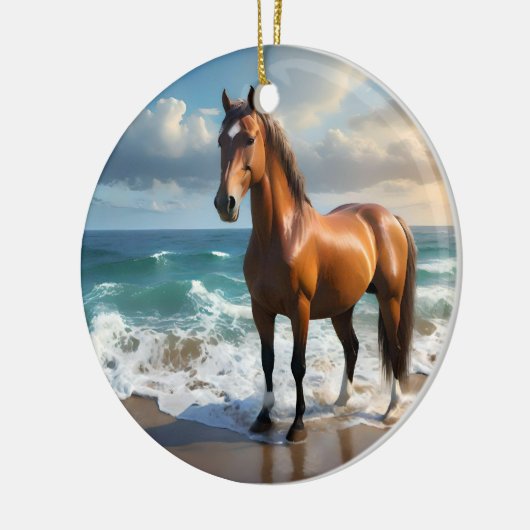 **"Majestic Stride: Proud Brown Horse on Beach Keramik Ornament (Links)