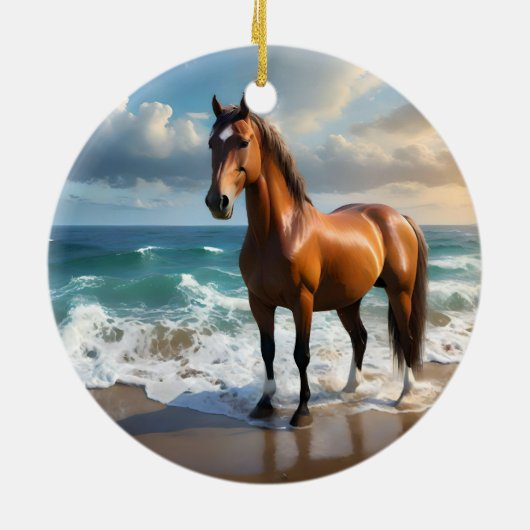 **"Majestic Stride: Proud Brown Horse on Beach Keramik Ornament (Hinten)