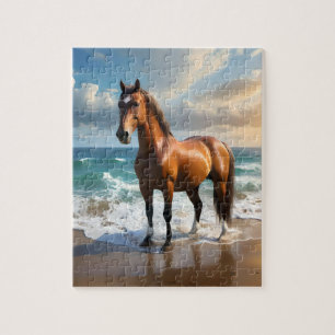 **"Majestic Stride: Proud Brown Horse on Beach Puzzle