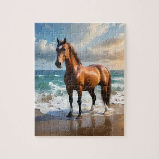 **"Majestic Stride: Proud Brown Horse on Beach Puzzle (Vertikal)