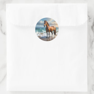 **"Majestic Stride: Proud Brown Horse on Beach Runder Aufkleber