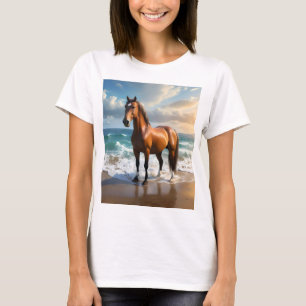 **"Majestic Stride: Proud Brown Horse on Beach T-Shirt