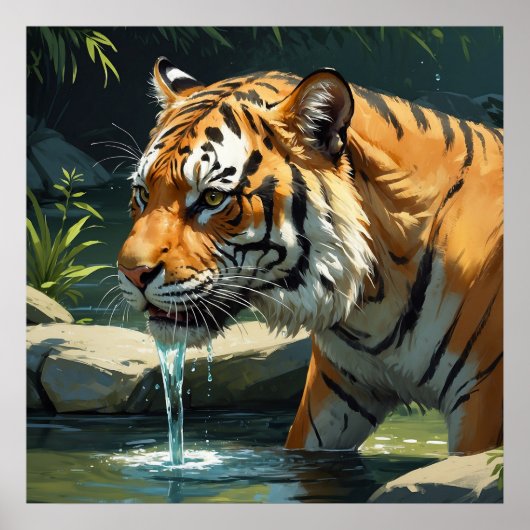 Majestic Tiger Drink Wasser aus dem Fluss Malerei Poster (Vorne)