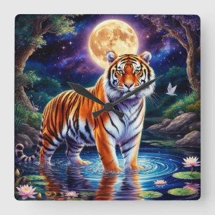 Majestic Tiger in einer Moonlit Fantasy Landschaft Quadratische Wanduhr
