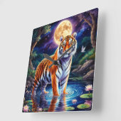 Majestic Tiger in einer Moonlit Fantasy Landschaft Quadratische Wanduhr (Winkel)