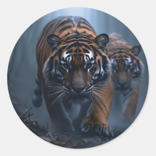 Majestic Tigers in einem foggischen Dschungel Runder Aufkleber