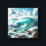 Majestic Turquoise Ocean Wave Crashing on Sunlit  Leinwanddruck<br><div class="desc">A vibrant and refreshing digital landscape featuring a powerful turquoise wave curling beautifully before crashing against smooth, sun-drenched coastal rocks. The bright blue sky and fluffy white clouds create a perfect summer atmosphere filled with energy and natural beauty. Ideal for beach house decor, modern living rooms, or as a rejuvenating...</div>