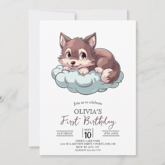 Majestic Unique Digital Wolf 1. Geburtstag Einladung (Vorderseite)