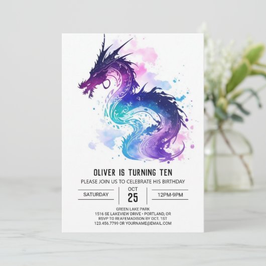 Majestic Watercolor Dragon Birthday Einladung (Stehend Vorderseite)