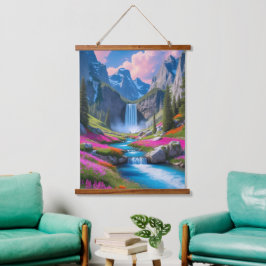 Majestic Waterfall & Berglandschaft Wandteppich Mit Holzrahmen