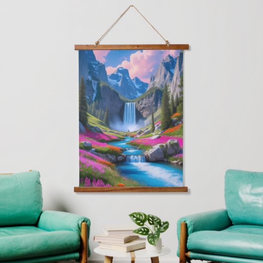 Majestic Waterfall & Berglandschaft Wandteppich Mit Holzrahmen (Wohnzimmer)