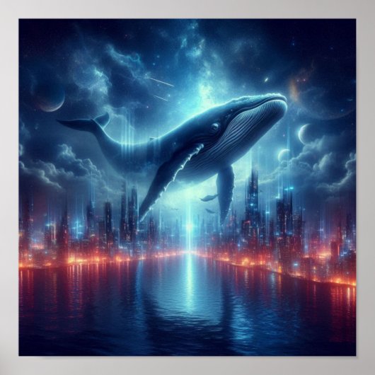 Majestic Whale Above Starlit City Skyline Poster (Vorne)