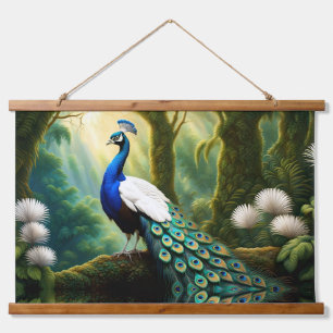 Majestic White and Blue Peacock in Forest Wandteppich Mit Holzrahmen
