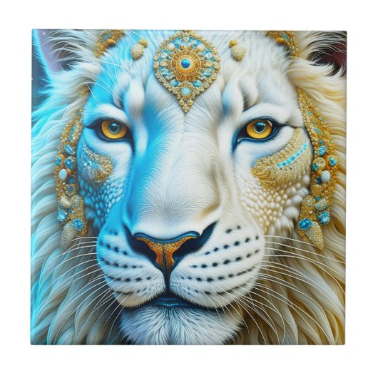 Majestic White and Gold Lion Fliese (Vorderseite)