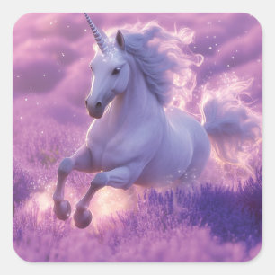 Majestic White Einicorn Galloping through Lavender Quadratischer Aufkleber