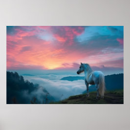 Majestic White Horse im Berg bei Sonnenaufgang Poster