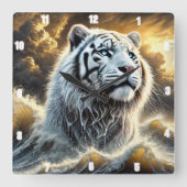 Majestic White Tiger Stormy Ocean Background Quadratische Wanduhr (Vorderseite)