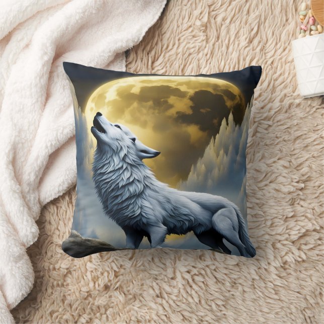 Majestic White Wolf Howls unter Vollmond Kissen (Decke)