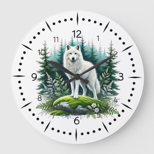 Majestic White Wolf im Wald Große Wanduhr (Vorderseite)
