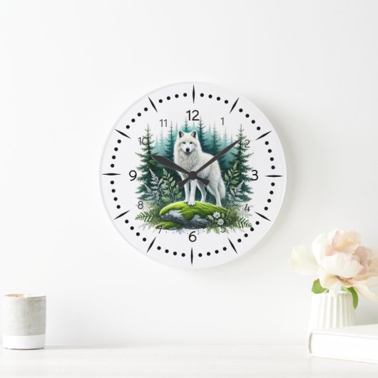 Majestic White Wolf im Wald Große Wanduhr (Zuhause)