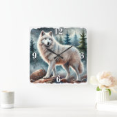 Majestic White Wolf im Winterwald Quadratische Wanduhr (Zuhause)