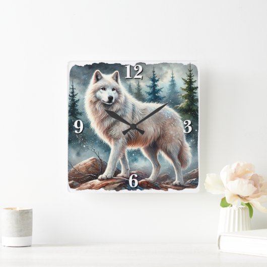 Majestic White Wolf im Winterwald Quadratische Wanduhr (Zuhause)