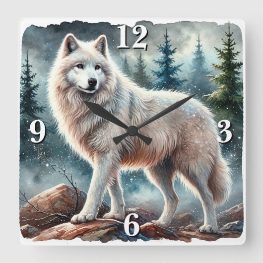 Majestic White Wolf im Winterwald Quadratische Wanduhr (Vorderseite)