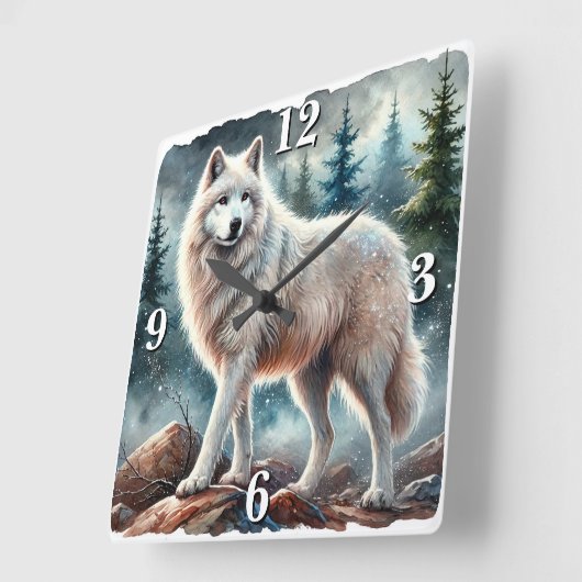 Majestic White Wolf im Winterwald Quadratische Wanduhr (Winkel)