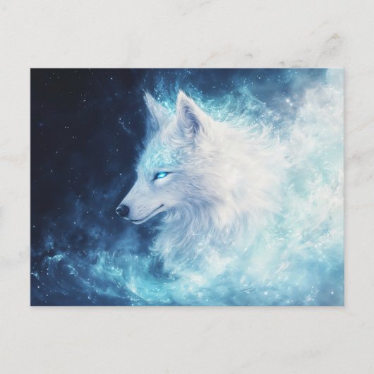 Majestic White Wolf in Luminous Blue Nebula Postkarte (Vorderseite)