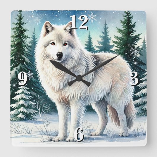 Majestic Winter Wolf Quadratische Wanduhr (Vorderseite)