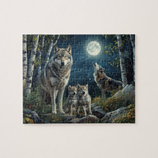 Majestic Wolf Family Full Moon Birch Forest Puzzle