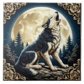 Majestic Wolf Howling unter Vollmond in der Nacht Fliese (Vorderseite)