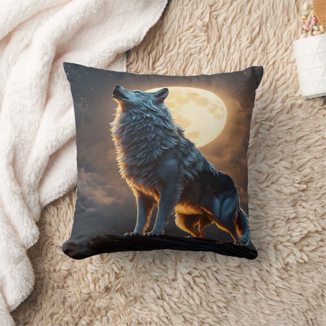 Majestic Wolf Howls unter voller Mondlicht Kissen (Decke)