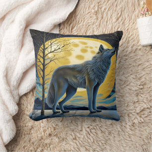 Majestic Wolf Howls unter Vollmond in der Nacht Kissen