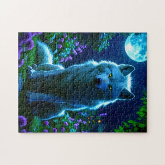 Majestic Wolf im mystischen Mondlichtgarten Puzzle (Horizontal)