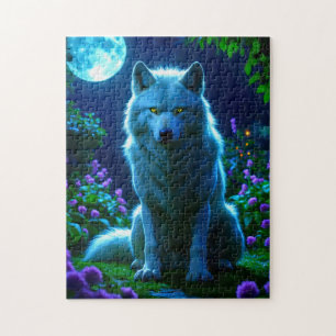 Majestic Wolf im mystischen Mondlichtgarten Puzzle