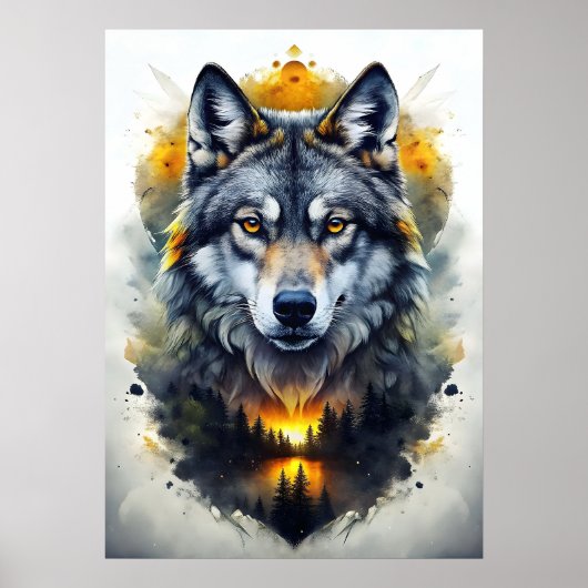 Majestic Wolf Portrait Abstrakte Kunst Poster (Vorne)
