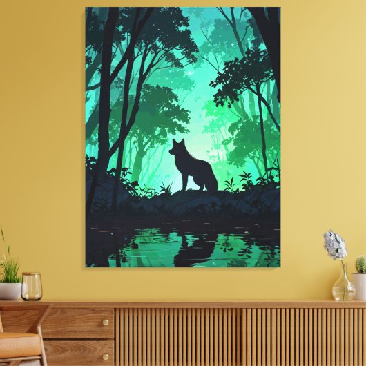 Majestic Wolf Silhouette in Mystical Green Forest  Leinwanddruck (Insitu (Wohnzimmer))