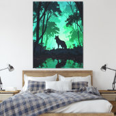 Majestic Wolf Silhouette in Mystical Green Forest Leinwanddruck (Insitu (Schlafzimmer))