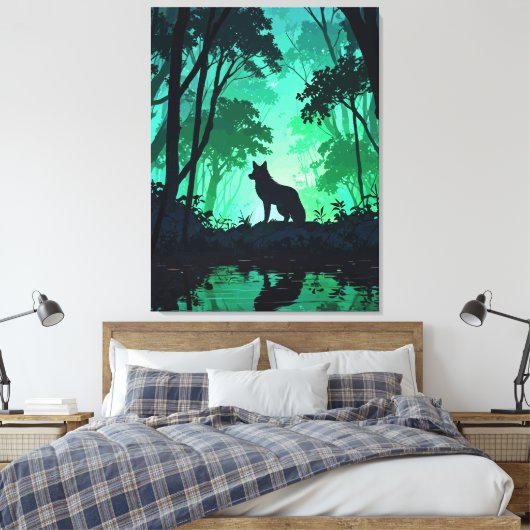 Majestic Wolf Silhouette in Mystical Green Forest Leinwanddruck (Insitu (Schlafzimmer))