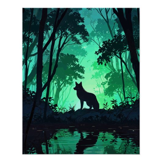 Majestic Wolf Silhouette in Mystical Green Forest Poster (Vorderseite)
