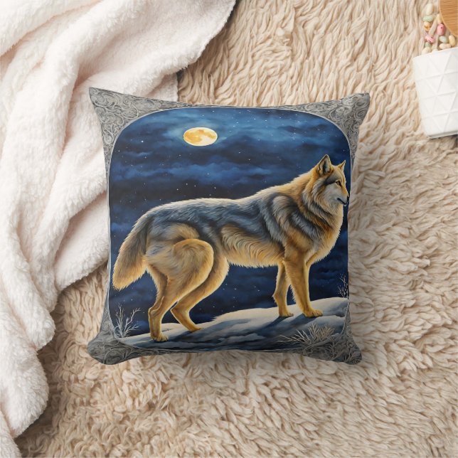 Majestic Wolf Stehend unter Vollmond Kissen (Decke)