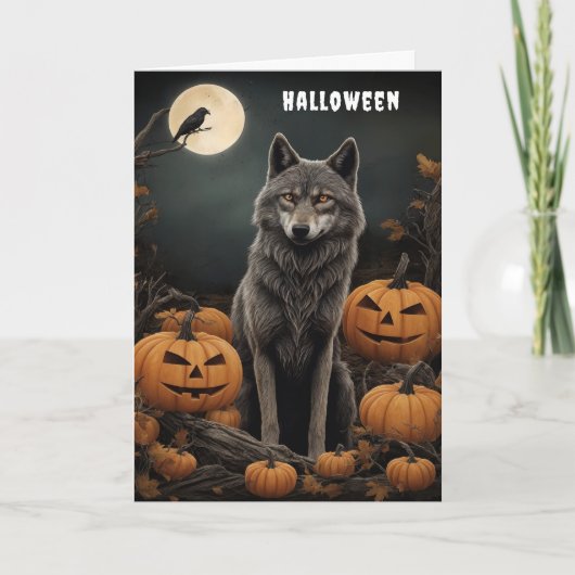 Majestic Wolf und Pumpkins unter dem Mondlicht Einladung (Vorderseite)