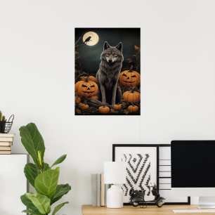 Majestic Wolf und Pumpkins unter dem Mondlicht Poster