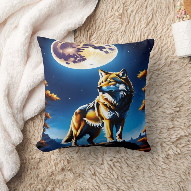 Majestic Wolf unter glühendem Vollmond Kissen (Decke)