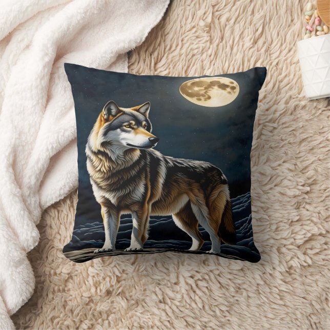 Majestic Wolf unter Vollmondlicht Himmel Kissen (Decke)